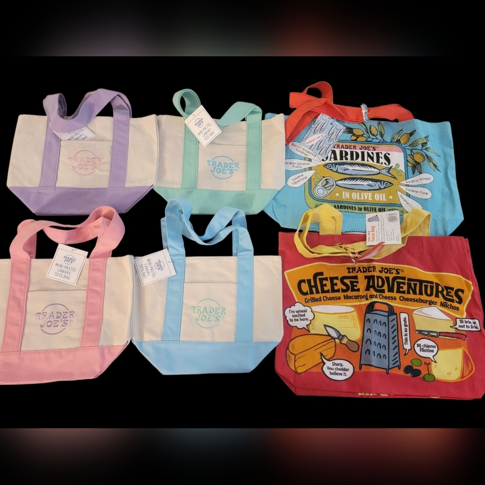 Trader Joes BUNDLE 6 Reusable Tote Bags Set Includes Pastel Cavas Mini Totes NWT